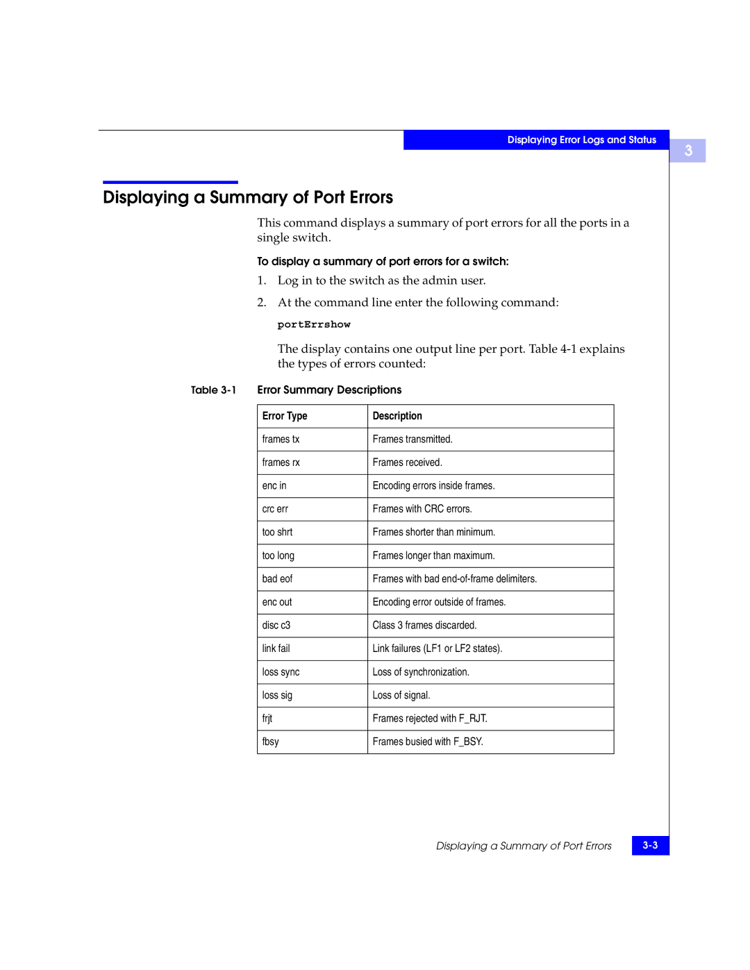 EMC DS-16B2 manual Displaying a Summary of Port Errors, Error Type Description 