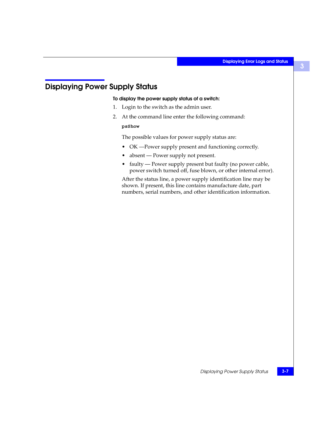 EMC DS-16B2 manual Displaying Power Supply Status 