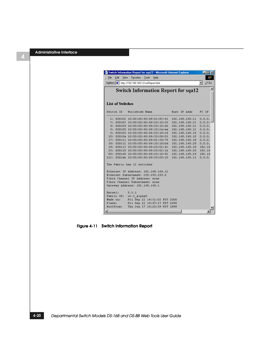 EMC DS-8B manual 11 Switch Information Report, Administrative Interface, 4-20 