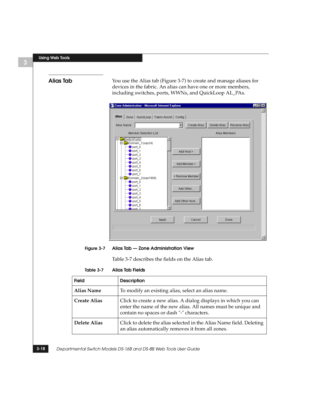 EMC DS-8B manual Alias Tab, Alias Name, Create Alias, Delete Alias 