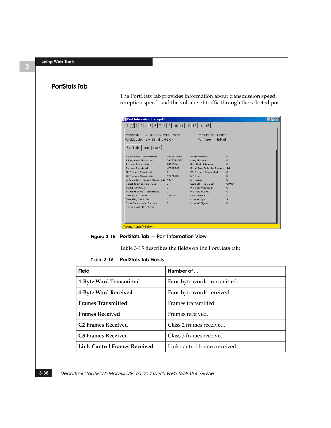 EMC DS-8B manual PortStats Tab, describes the fields on the PortStats tab 