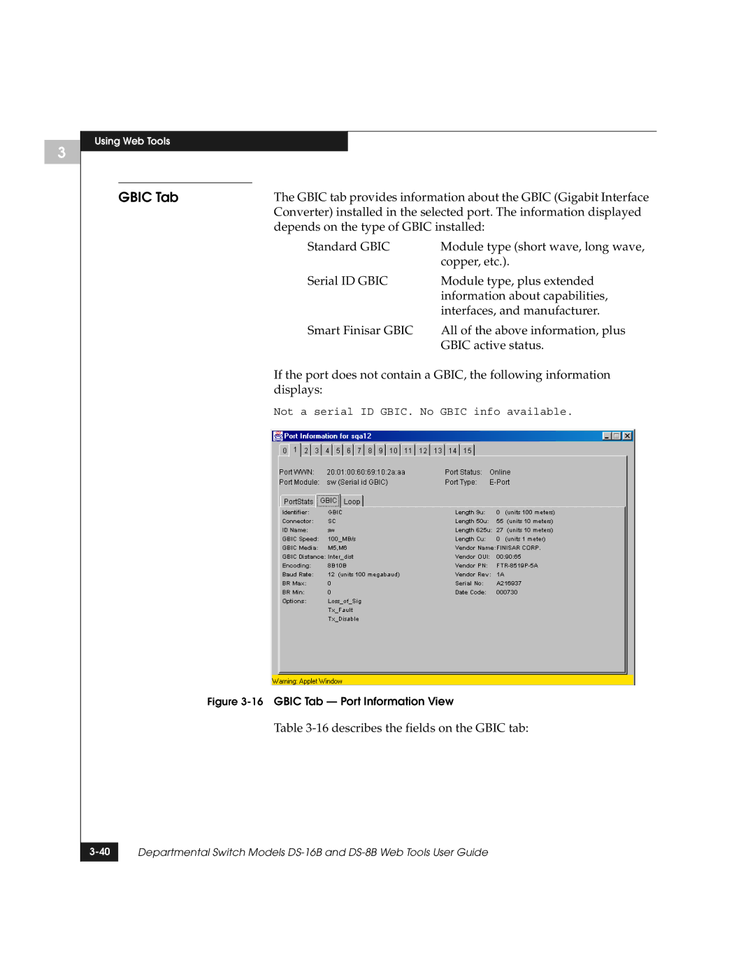 EMC DS-8B manual Gbic Tab, Depends on the type of Gbic installed, describes the fields on the Gbic tab 