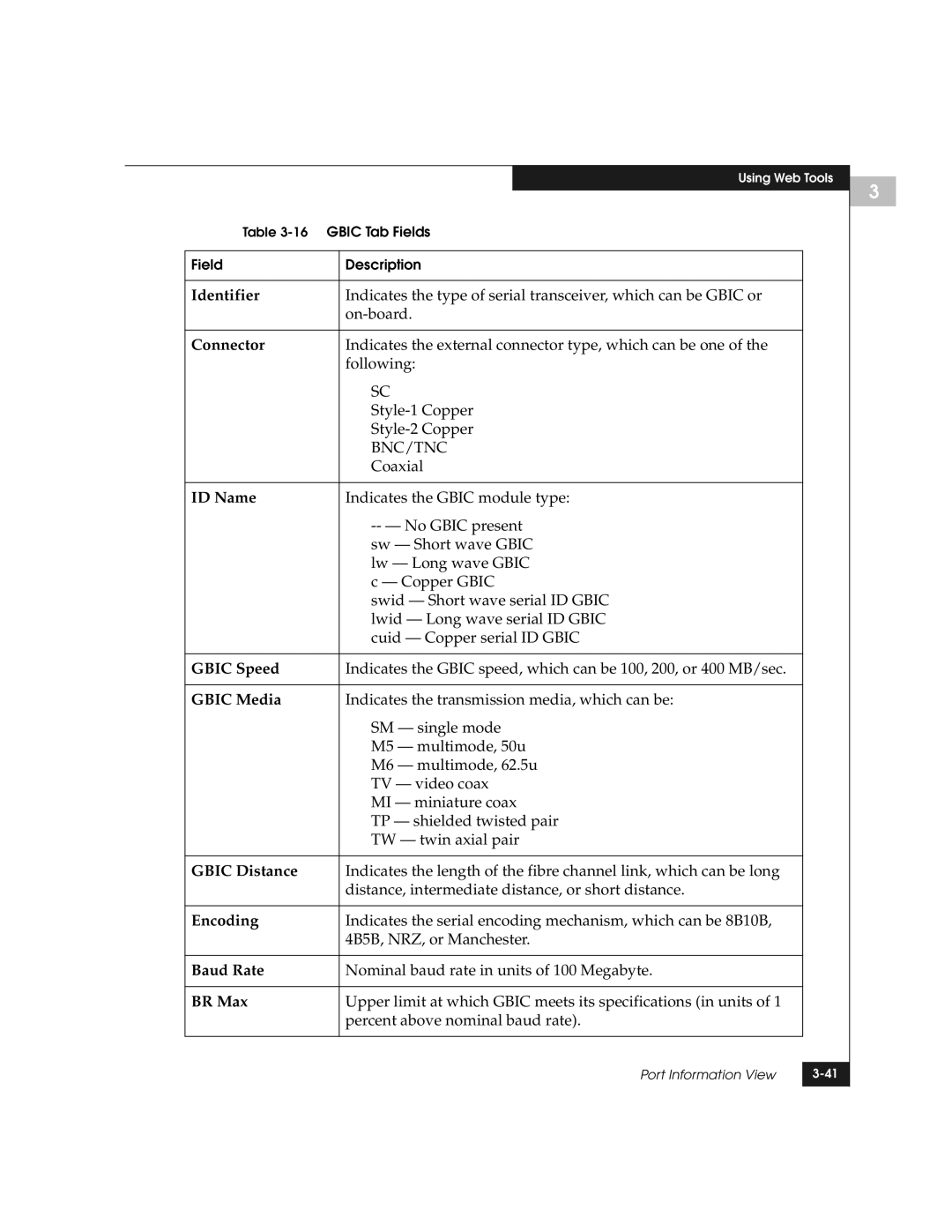 EMC DS-8B manual Identifier, Connector, ID Name, Gbic Speed, Gbic Media, Gbic Distance, Encoding, Baud Rate, BR Max 