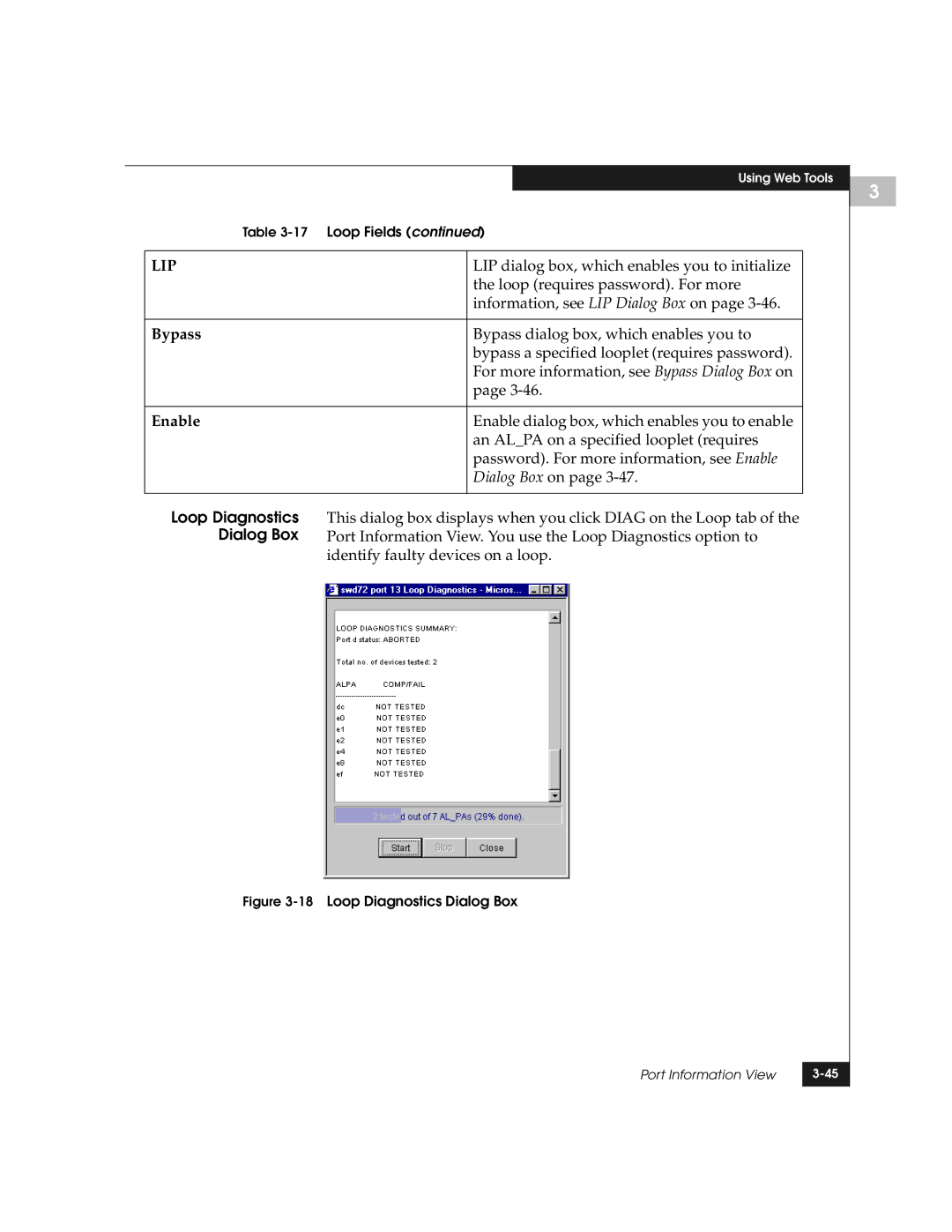 EMC DS-8B manual Bypass, Enable, Loop Diagnostics, Dialog Box, Identify faulty devices on a loop 