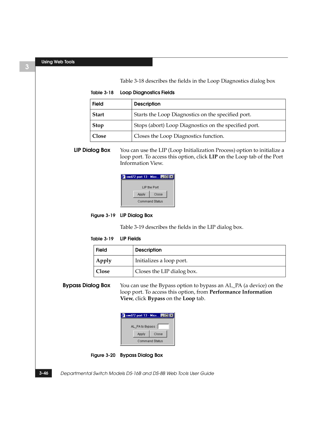 EMC DS-8B manual Start, Stop, Close, LIP Dialog Box, Bypass Dialog Box 