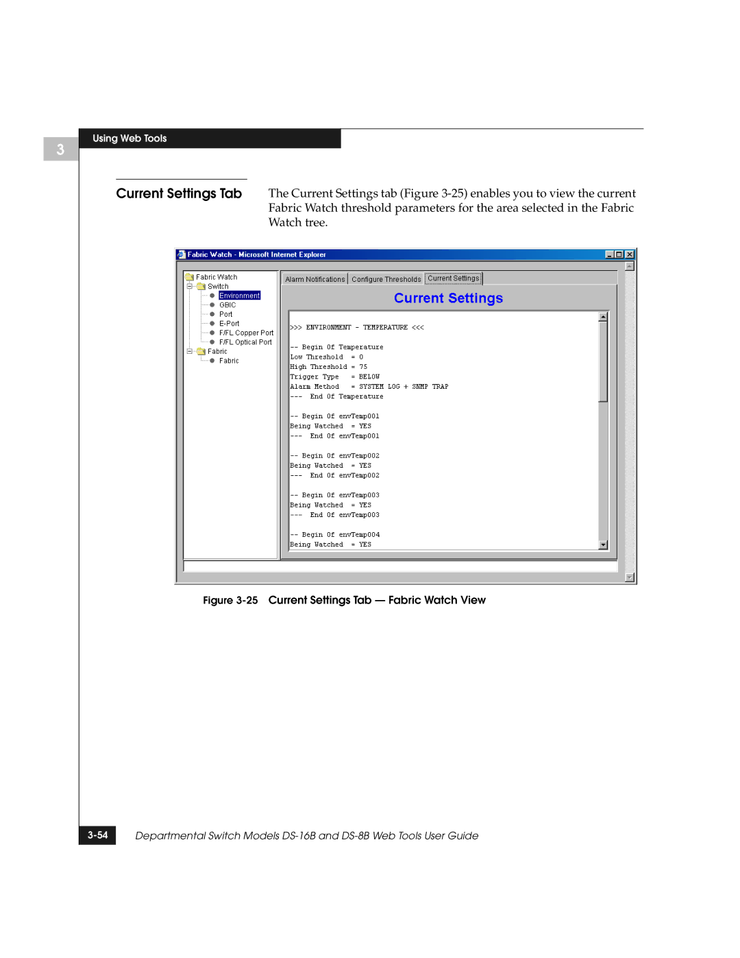 EMC DS-8B manual 25Current Settings Tab Fabric Watch View 