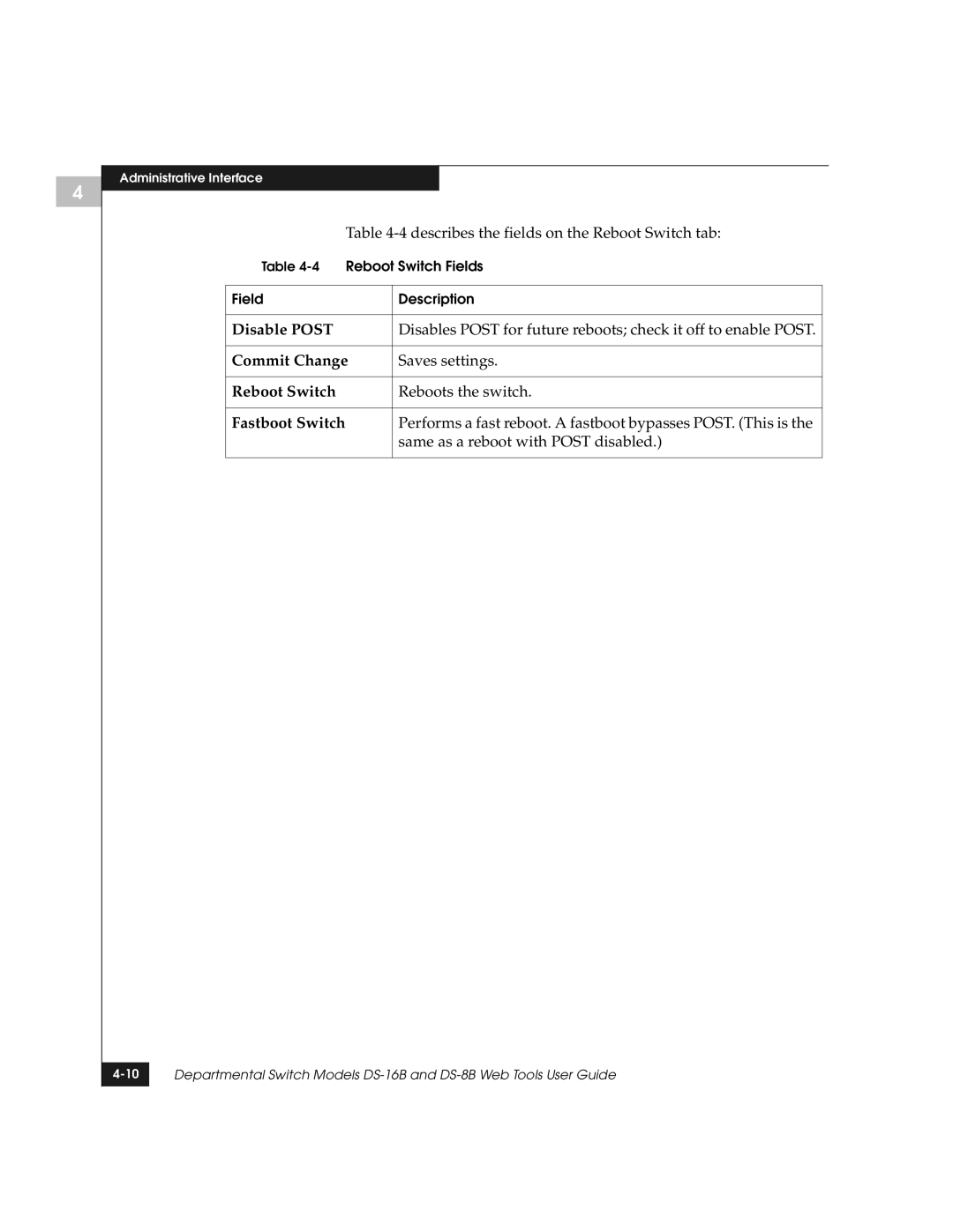 EMC DS-8B manual Disable Post, Commit Change, Reboot Switch, Fastboot Switch 