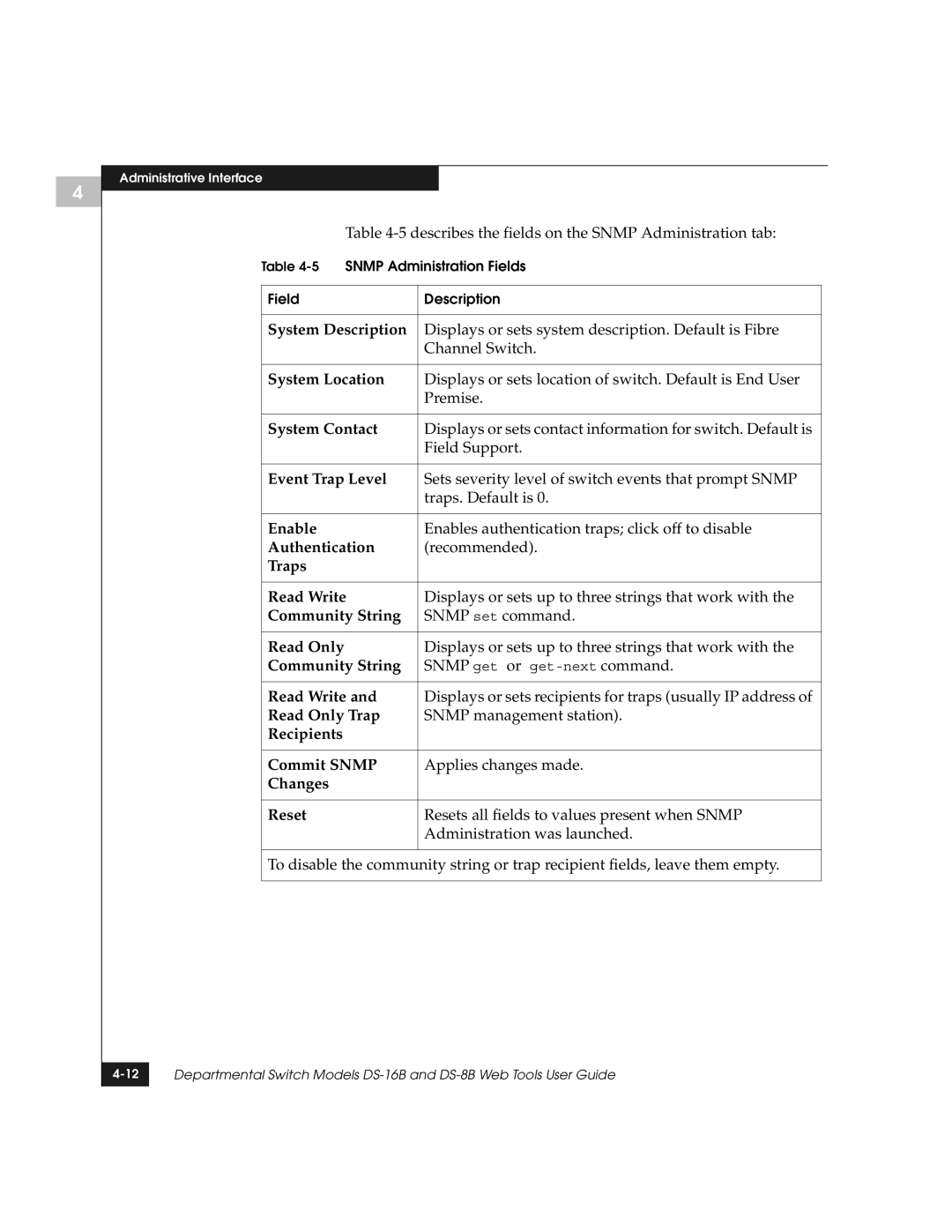 EMC DS-8B manual System Description, System Location, System Contact, Event Trap Level, Authentication, Traps Read Write 