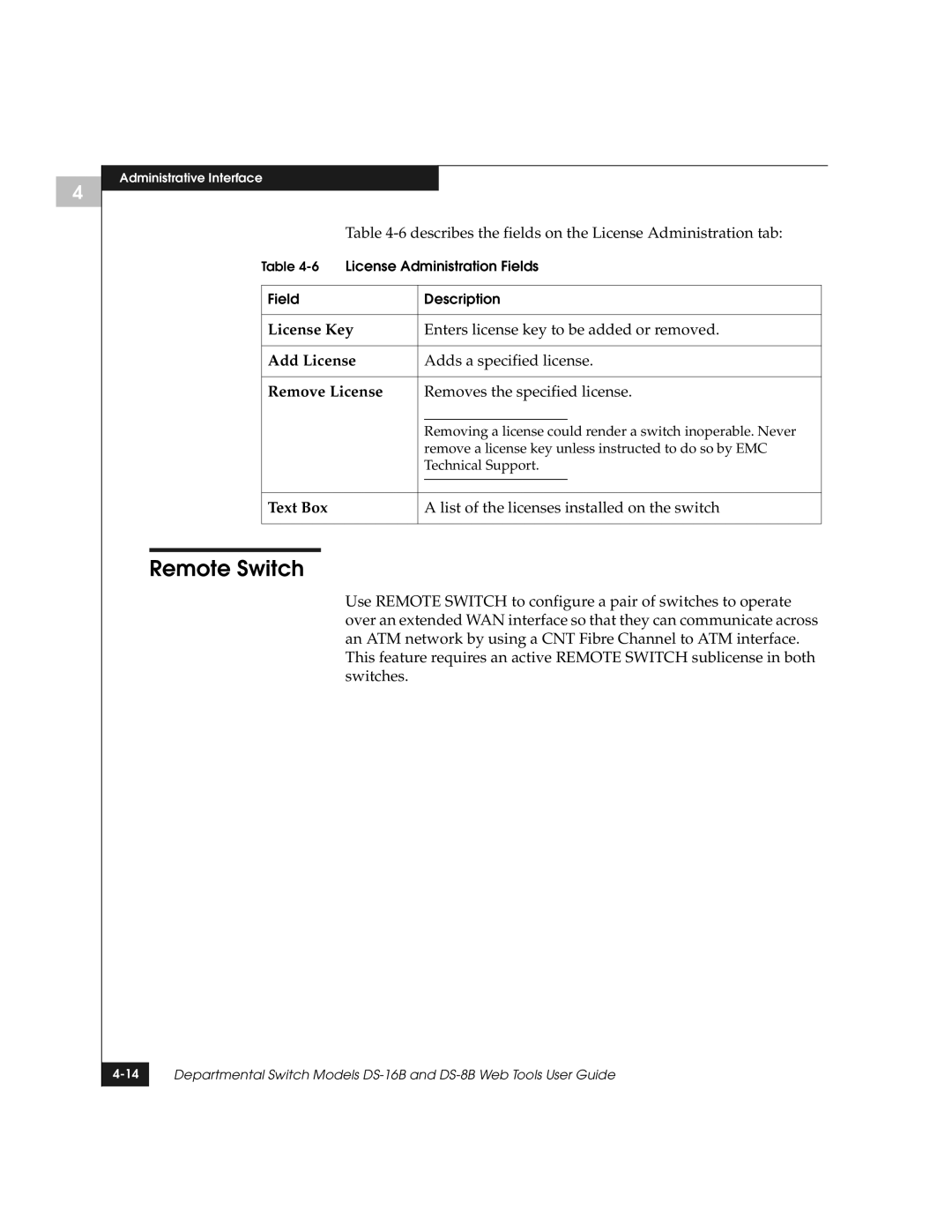 EMC DS-8B manual Remote Switch, Describes the fields on the License Administration tab 