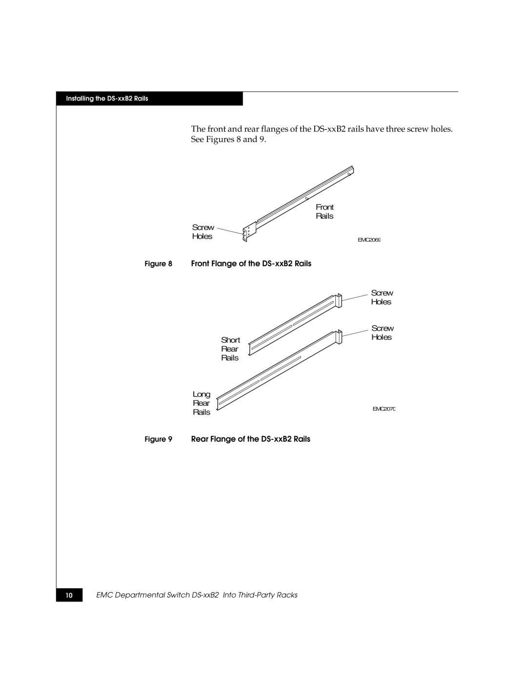 EMC DS-xxB2 dimensions Front Rails Screw Holes 