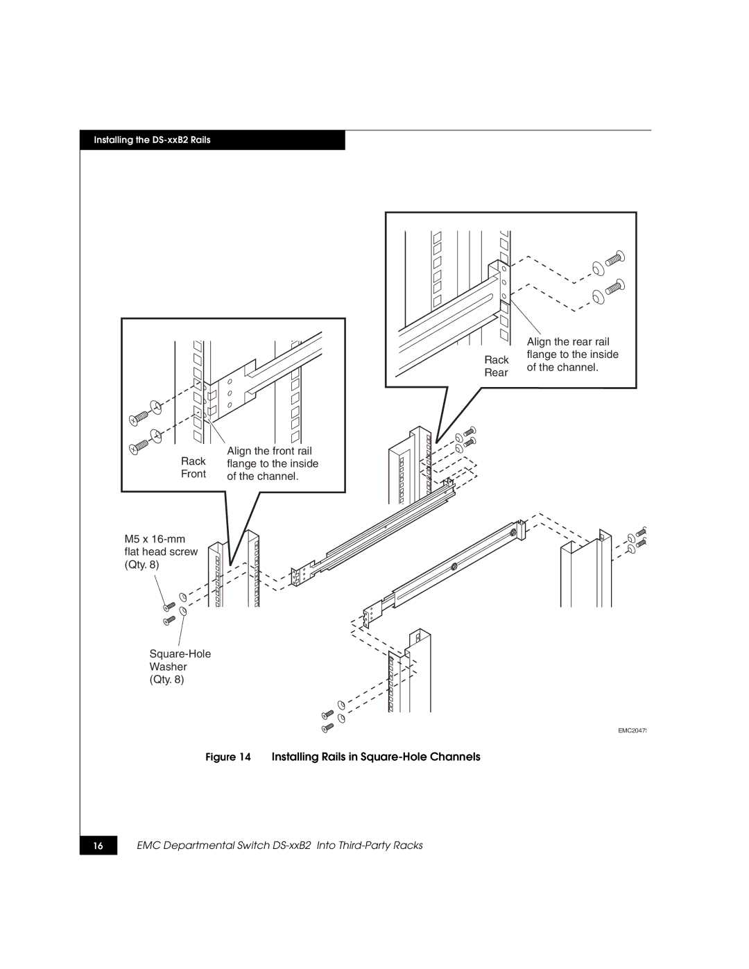 EMC DS-xxB2 dimensions Installing Rails in Square-Hole Channels 