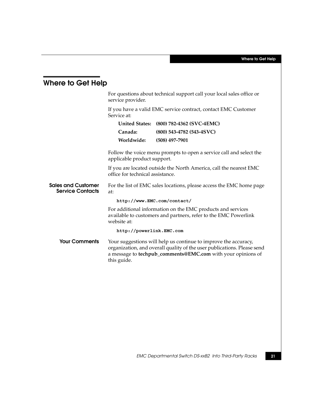 EMC DS-xxB2 dimensions Where to Get Help, Sales and Customer Service Contacts 