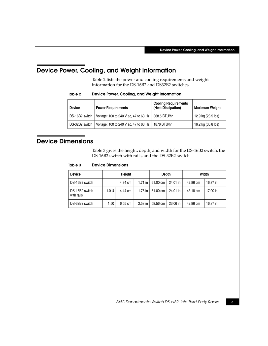 EMC DS-xxB2 Device Power, Cooling, and Weight Information, Device Dimensions, Device Power Requirements Heat Dissipation 