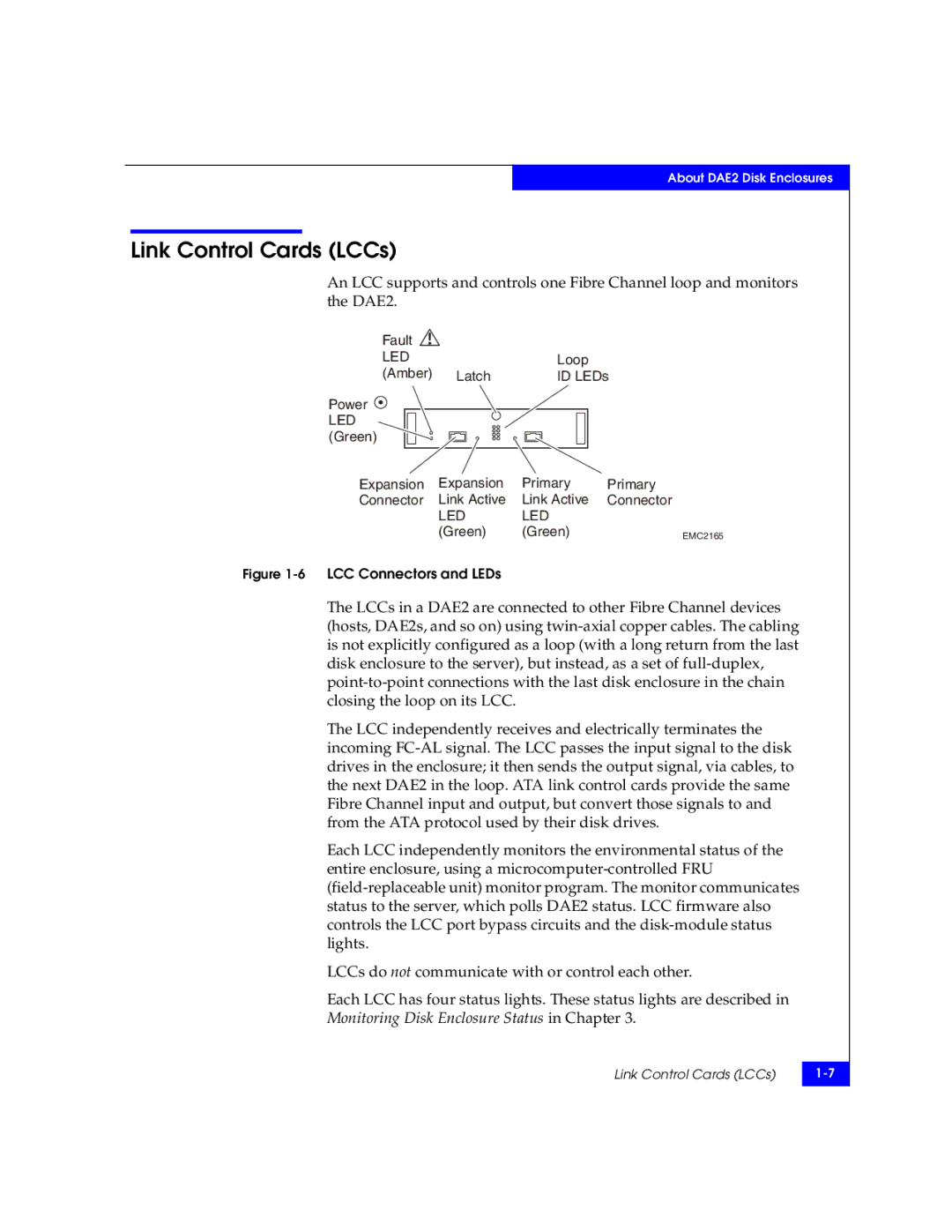 EMC ATA, FC manual Link Control Cards LCCs, Monitoring Disk Enclosure Status in Chapter 