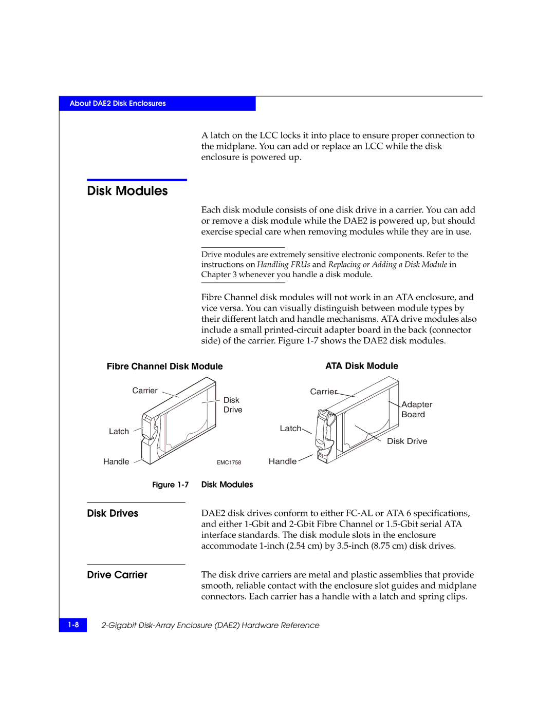 EMC FC, ATA manual Disk Modules, Disk Drives, Drive Carrier 