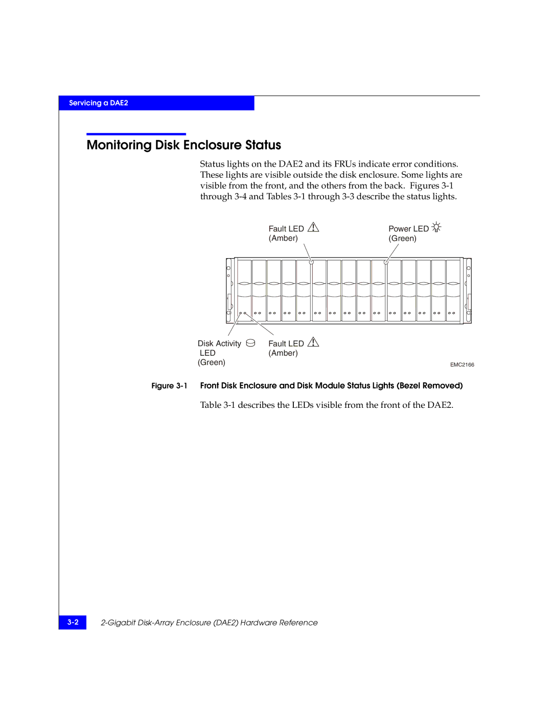 EMC FC, ATA manual Monitoring Disk Enclosure Status, Describes the LEDs visible from the front of the DAE2 