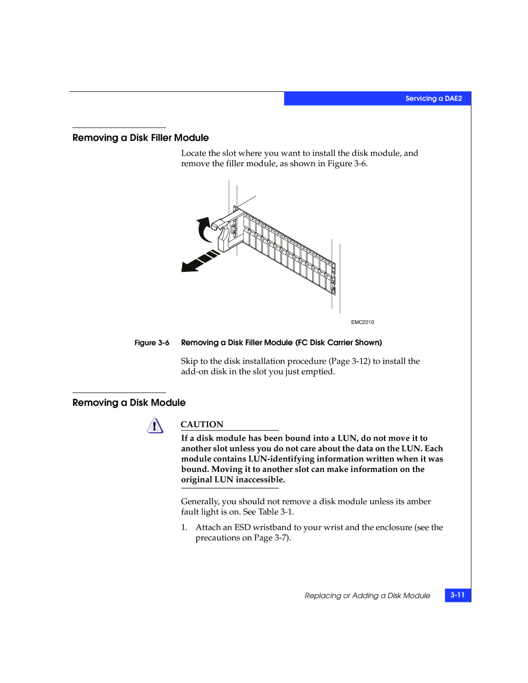 EMC ATA, FC manual Removing a Disk Filler Module, Removing a Disk Module 