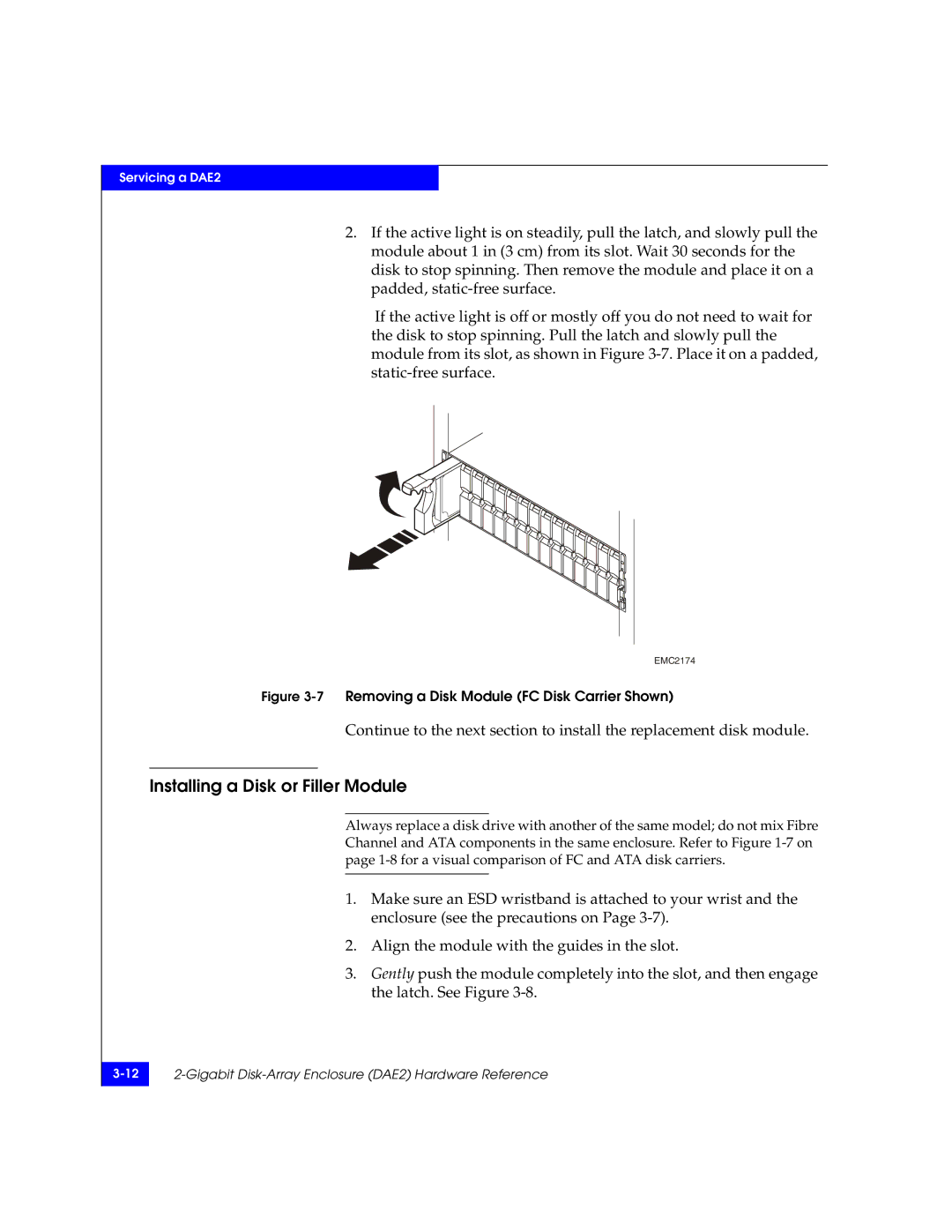 EMC ATA manual Installing a Disk or Filler Module, 7Removing a Disk Module FC Disk Carrier Shown 