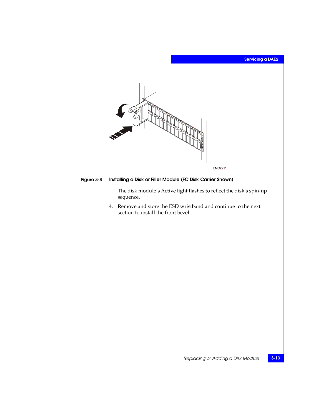 EMC ATA manual 8Installing a Disk or Filler Module FC Disk Carrier Shown 