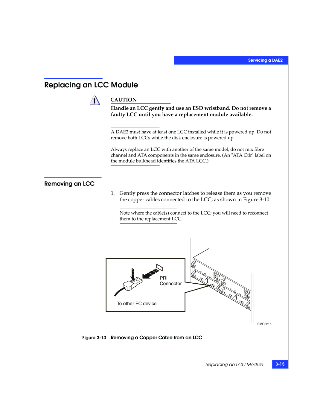 EMC ATA, FC manual Replacing an LCC Module, Removing an LCC 