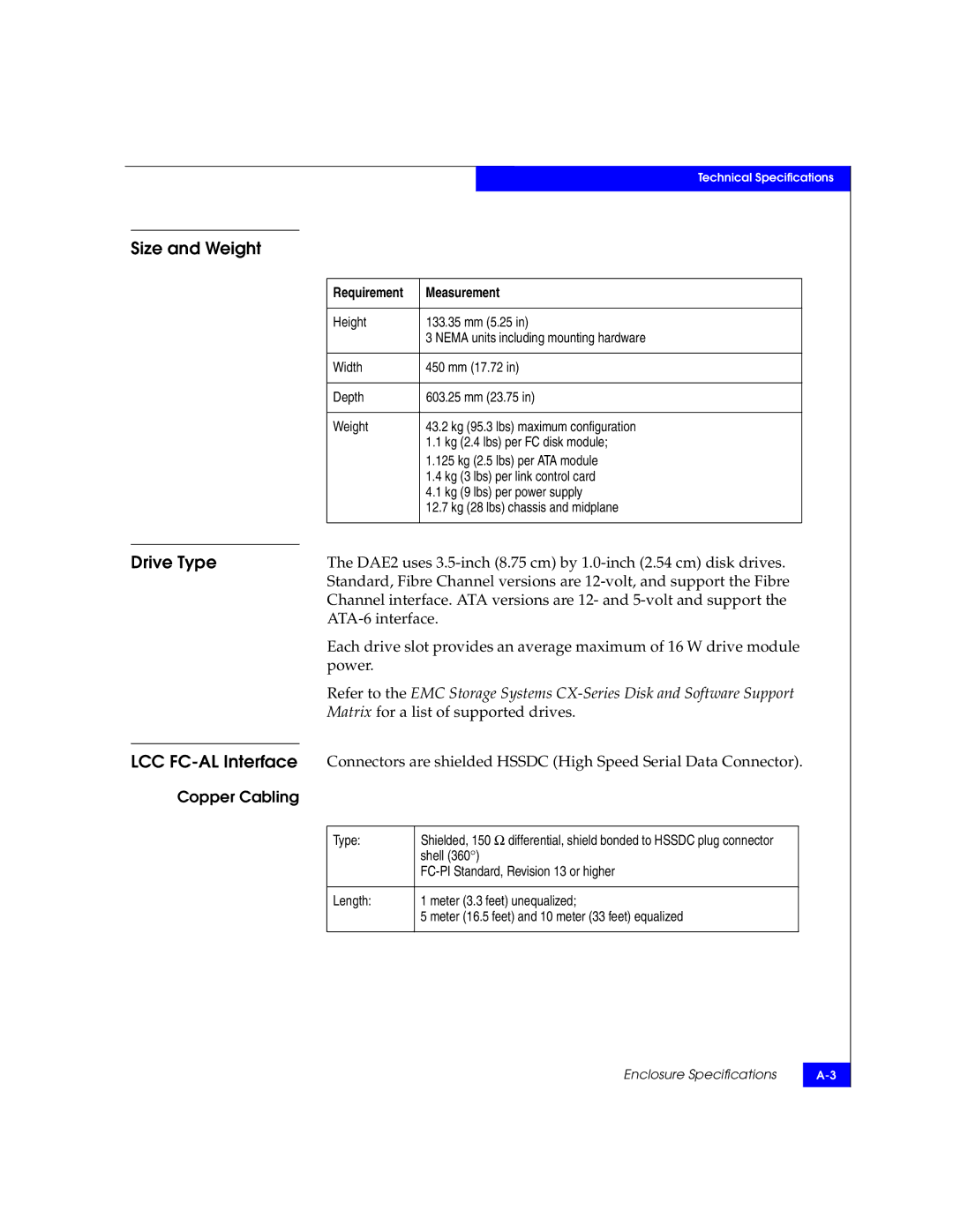 EMC ATA manual Size and Weight, Drive Type, LCC FC-AL Interface 