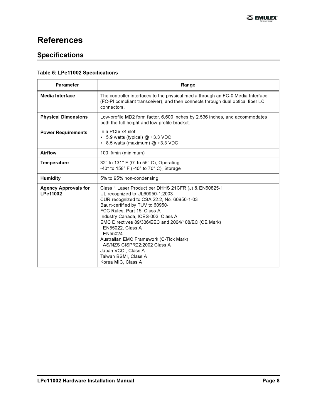 EMC LPE11002EG installation manual References, LPe11002 Specifications 