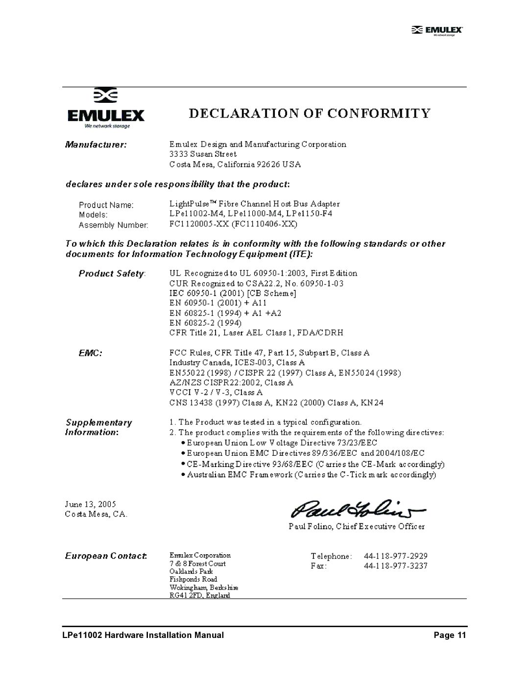 EMC LPE11002EG installation manual LPe11002 Hardware Installation Manual 