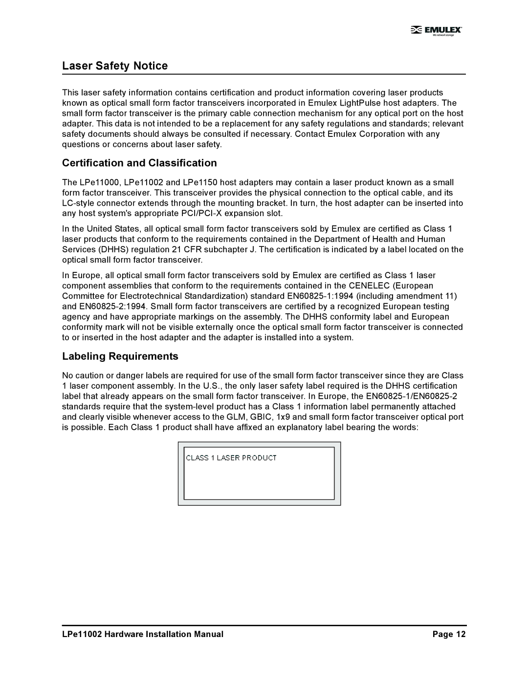 EMC LPE11002EG installation manual Laser Safety Notice, Certification and Classification 