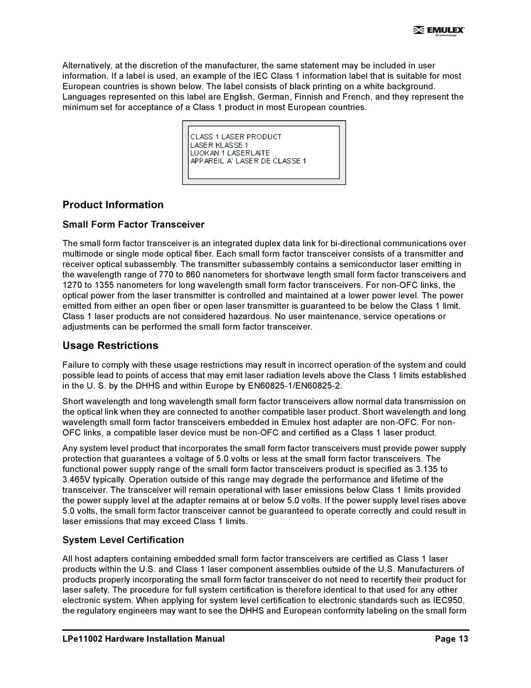 EMC LPE11002EG installation manual Product Information 