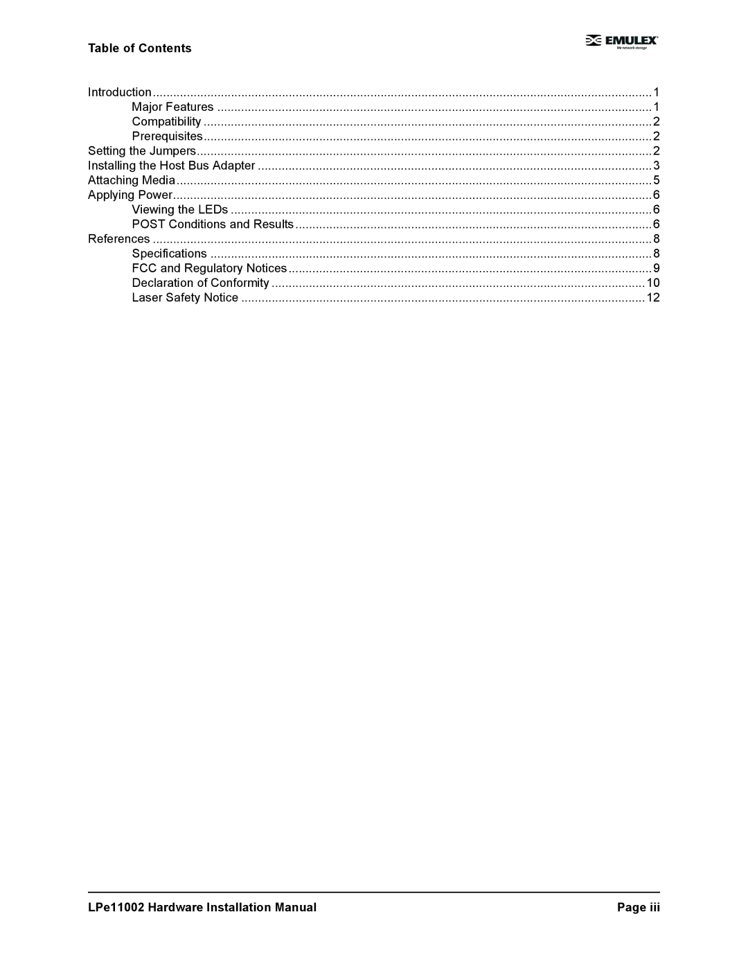 EMC LPE11002EG installation manual Table of Contents 