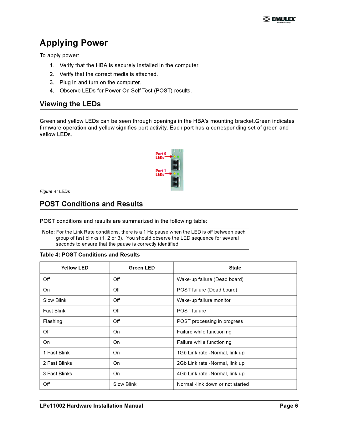 EMC LPE11002EG installation manual Applying Power, Viewing the LEDs, Post Conditions and Results 