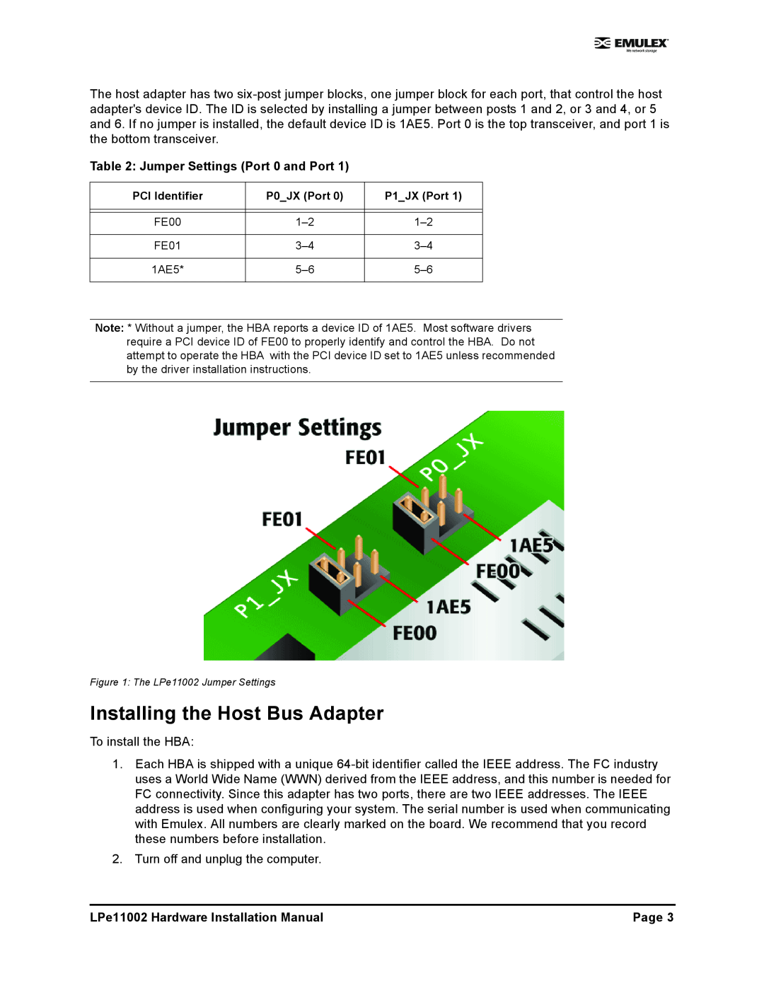 EMC LPE11002EG Installing the Host Bus Adapter, Jumper Settings Port 0 and Port, LPe11002 Hardware Installation Manual 