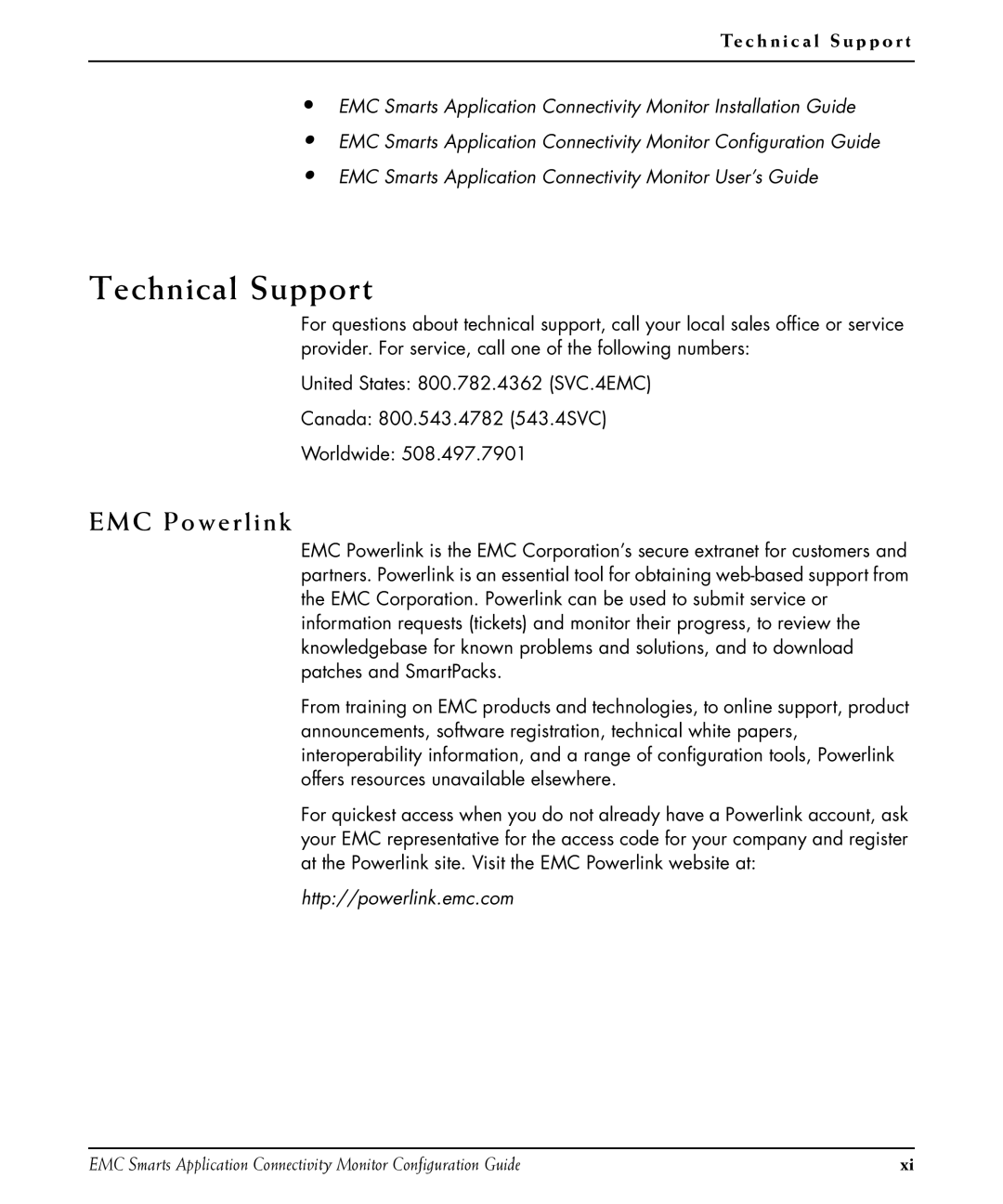 EMC OL-8950-01 manual Technical Support, EMC Powerlink, Te c h n i c a l S u p p o r t 