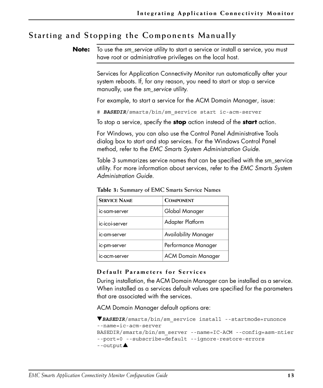 EMC OL-8950-01 manual Starting and Stopping the Components Manually, Summary of EMC Smarts Service Names 