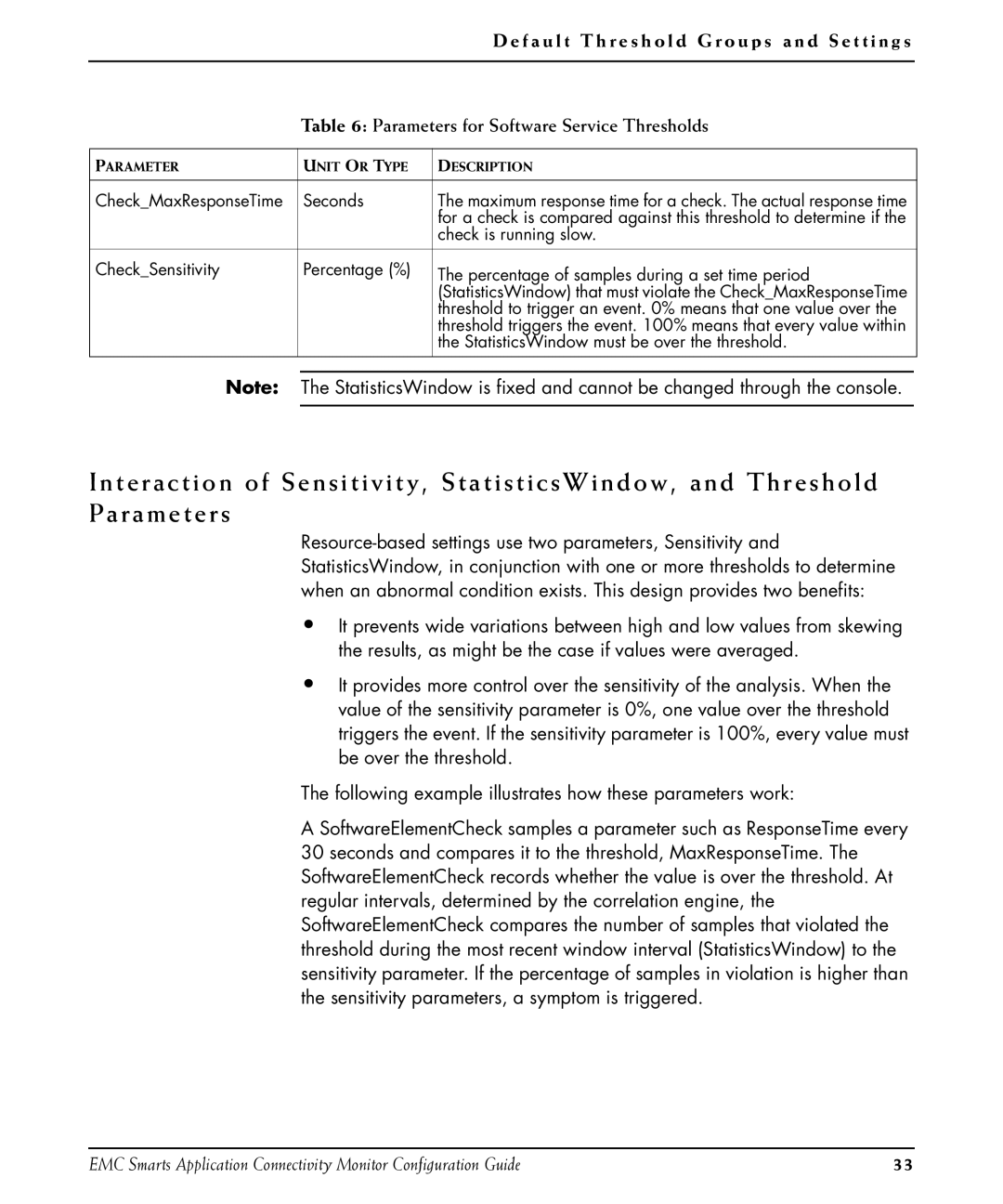 EMC OL-8950-01 manual Fault T h r e s h o l d G r o u p s a n d S e t t i n g s, Parameters for Software Service Thresholds 