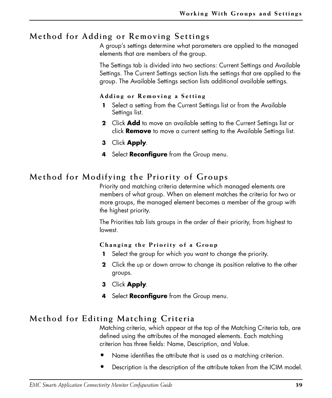 EMC OL-8950-01 manual Method for Adding or Removing Settings, Method for Modifying the Priority of Groups 