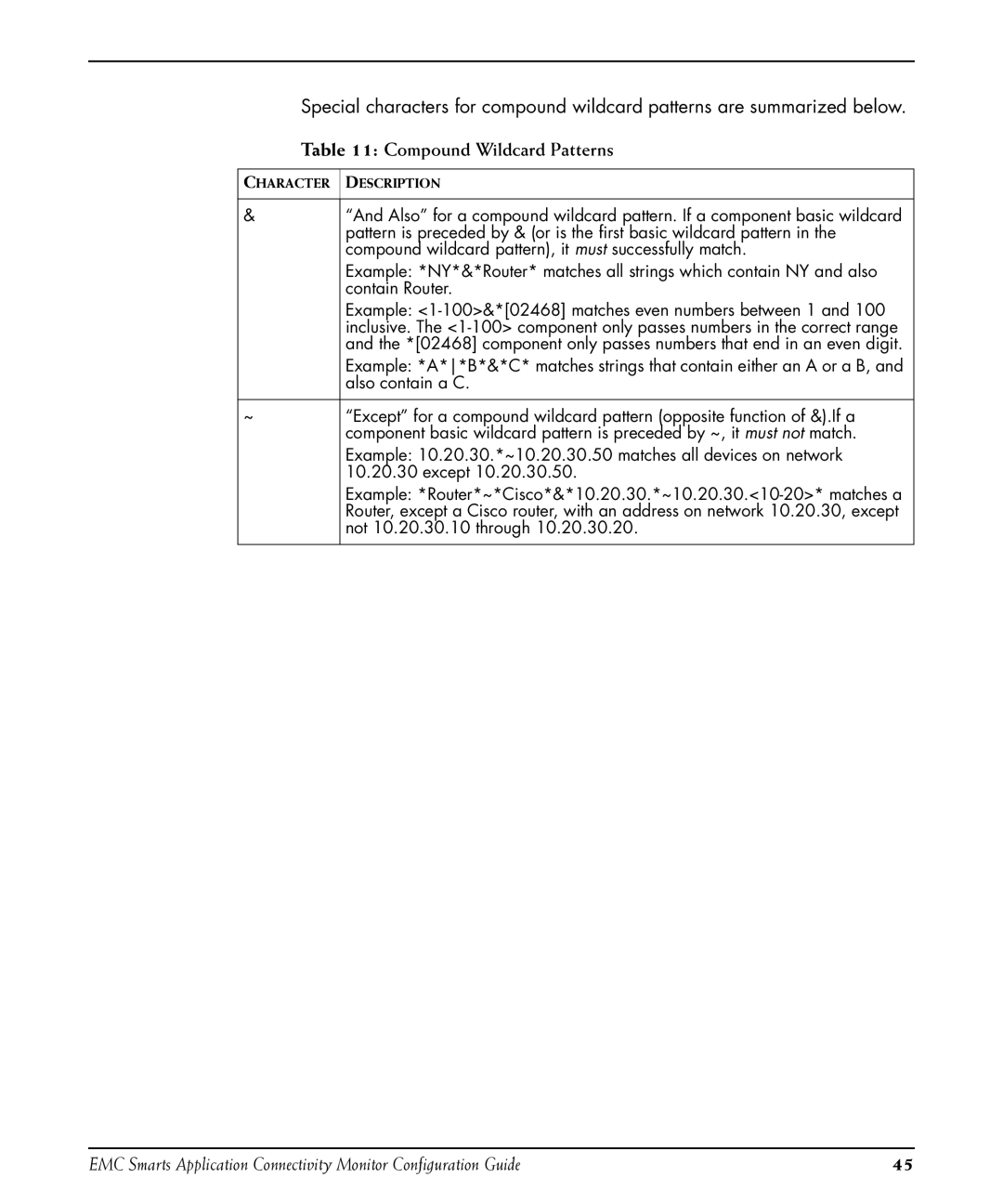 EMC OL-8950-01 manual Compound Wildcard Patterns, Example 1-100&*02468 matches even numbers between 1 