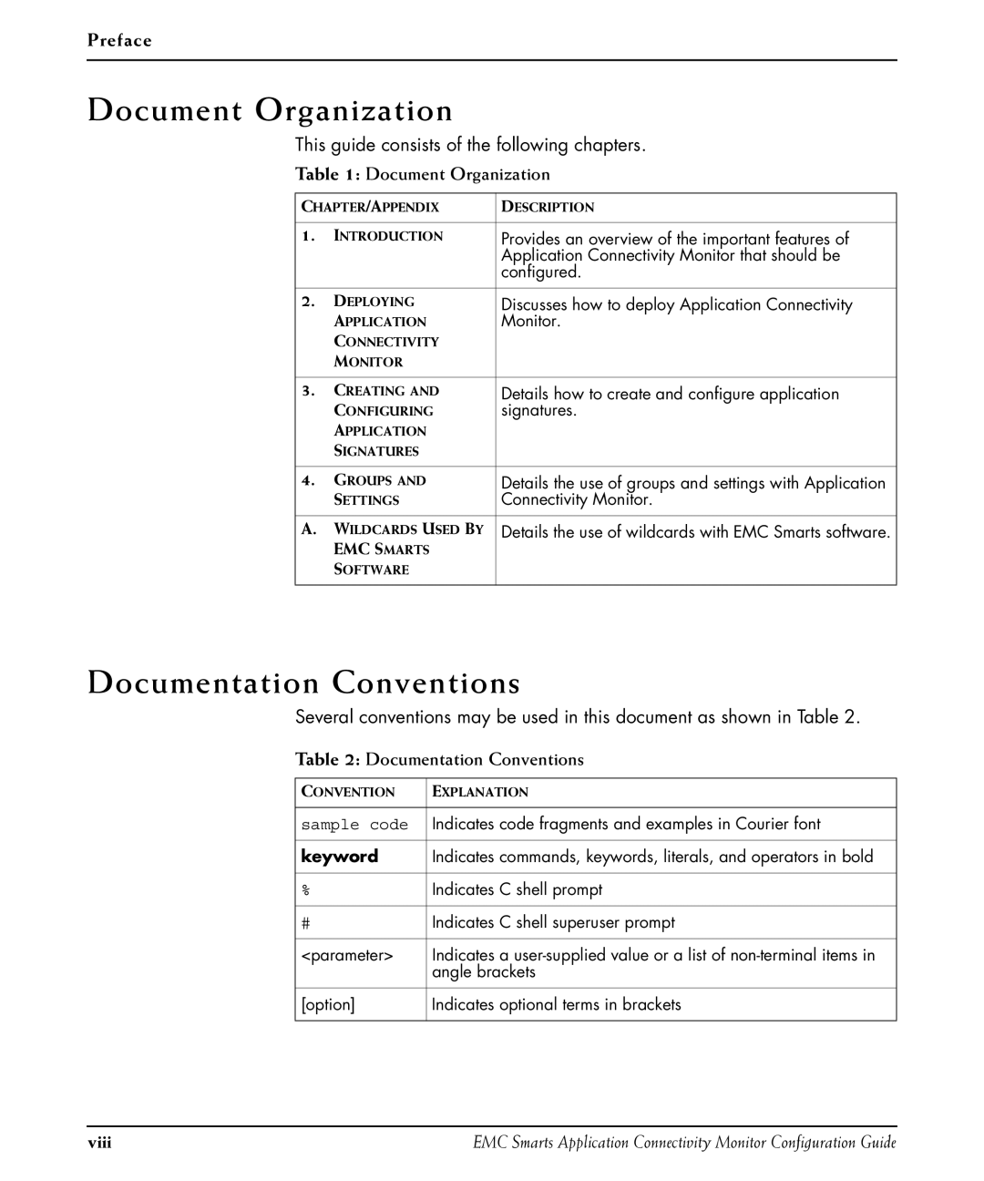 EMC OL-8950-01 manual Document Organization, Documentation Conventions, Preface 