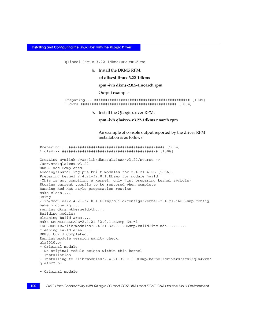 EMC P/N 300-002-803 manual Install the Dkms RPM, Output example, Install the QLogic driver RPM 