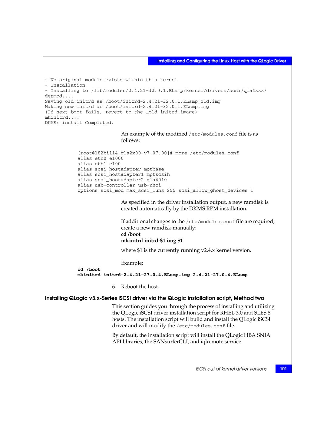 EMC P/N 300-002-803 manual Cd /boot Mkinitrd initrd-$1.img $1, Reboot the host 