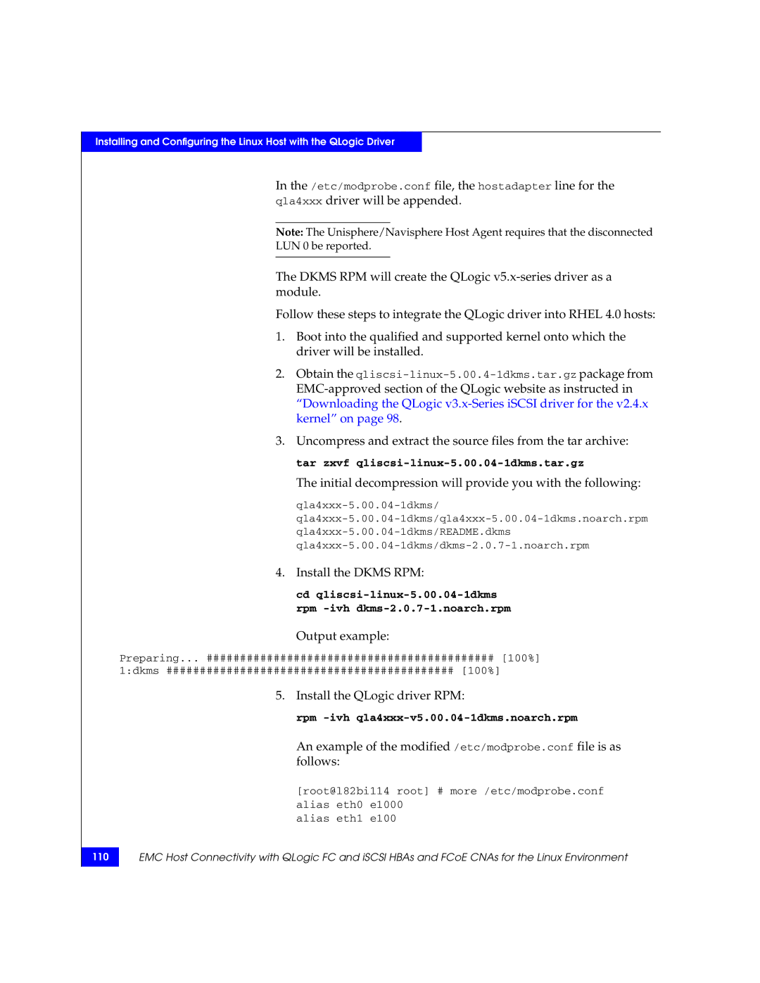 EMC P/N 300-002-803 manual Tar zxvf qliscsi-linux-5.00.04-1dkms.tar.gz 