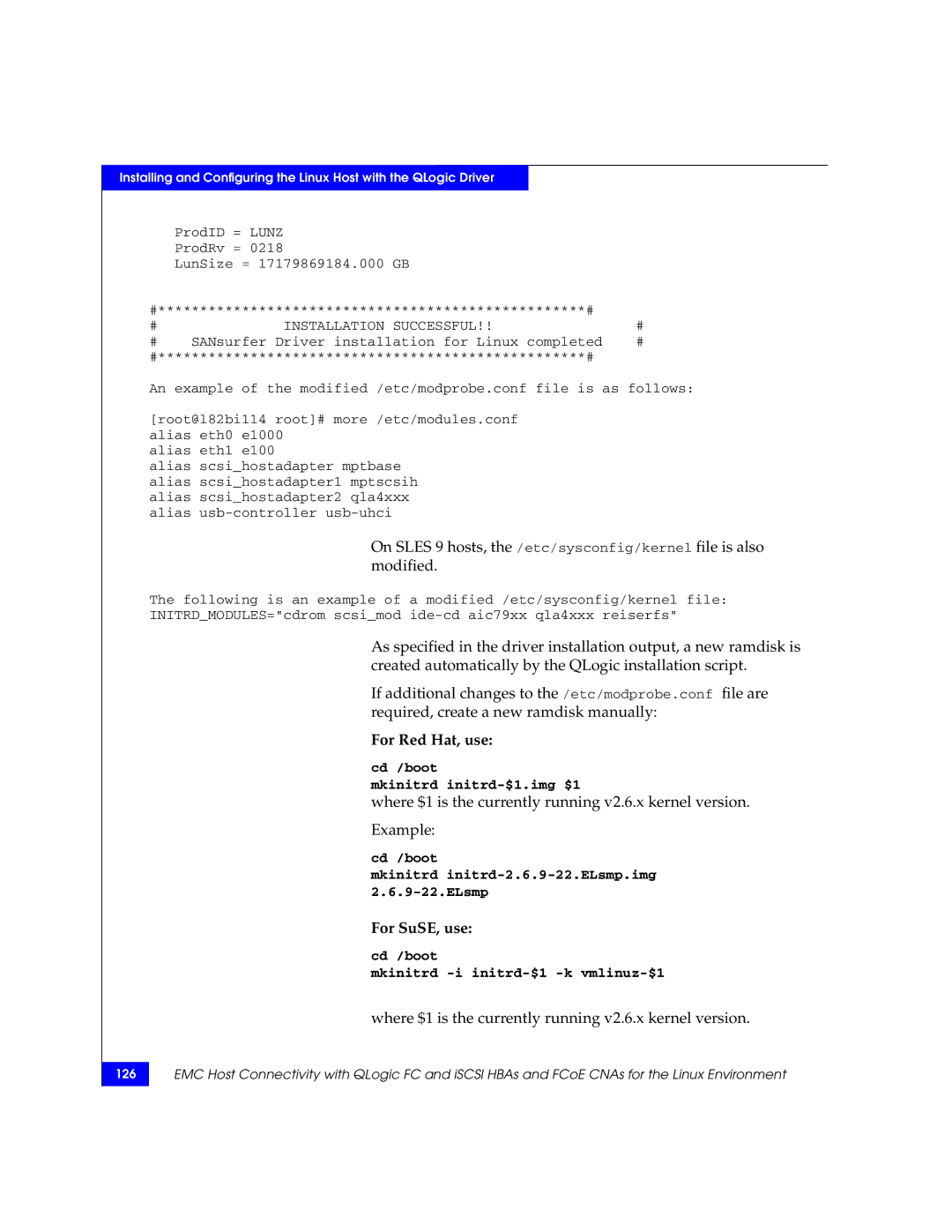 EMC P/N 300-002-803 manual For Red Hat, use, For SuSE, use, Where $1 is the currently running v2.6.x kernel version 