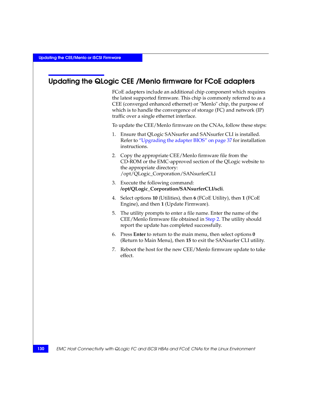 EMC P/N 300-002-803 manual Updating the QLogic CEE /Menlo firmware for FCoE adapters 