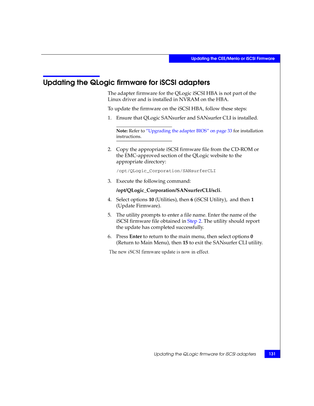 EMC P/N 300-002-803 manual Updating the QLogic firmware for iSCSI adapters 