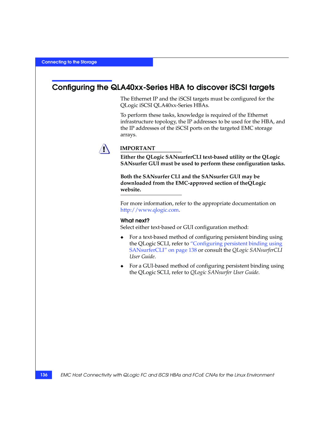 EMC P/N 300-002-803 manual Configuring the QLA40xx-Series HBA to discover iSCSI targets, What next? 