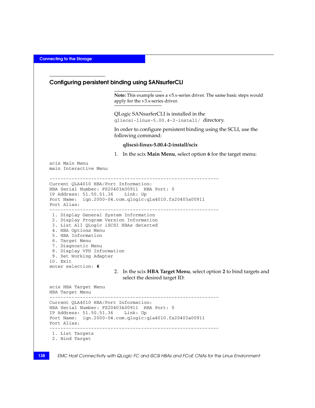 EMC P/N 300-002-803 manual Configuring persistent binding using SANsurferCLI, Qliscsi-linux-5.00.4-2-install/scix 