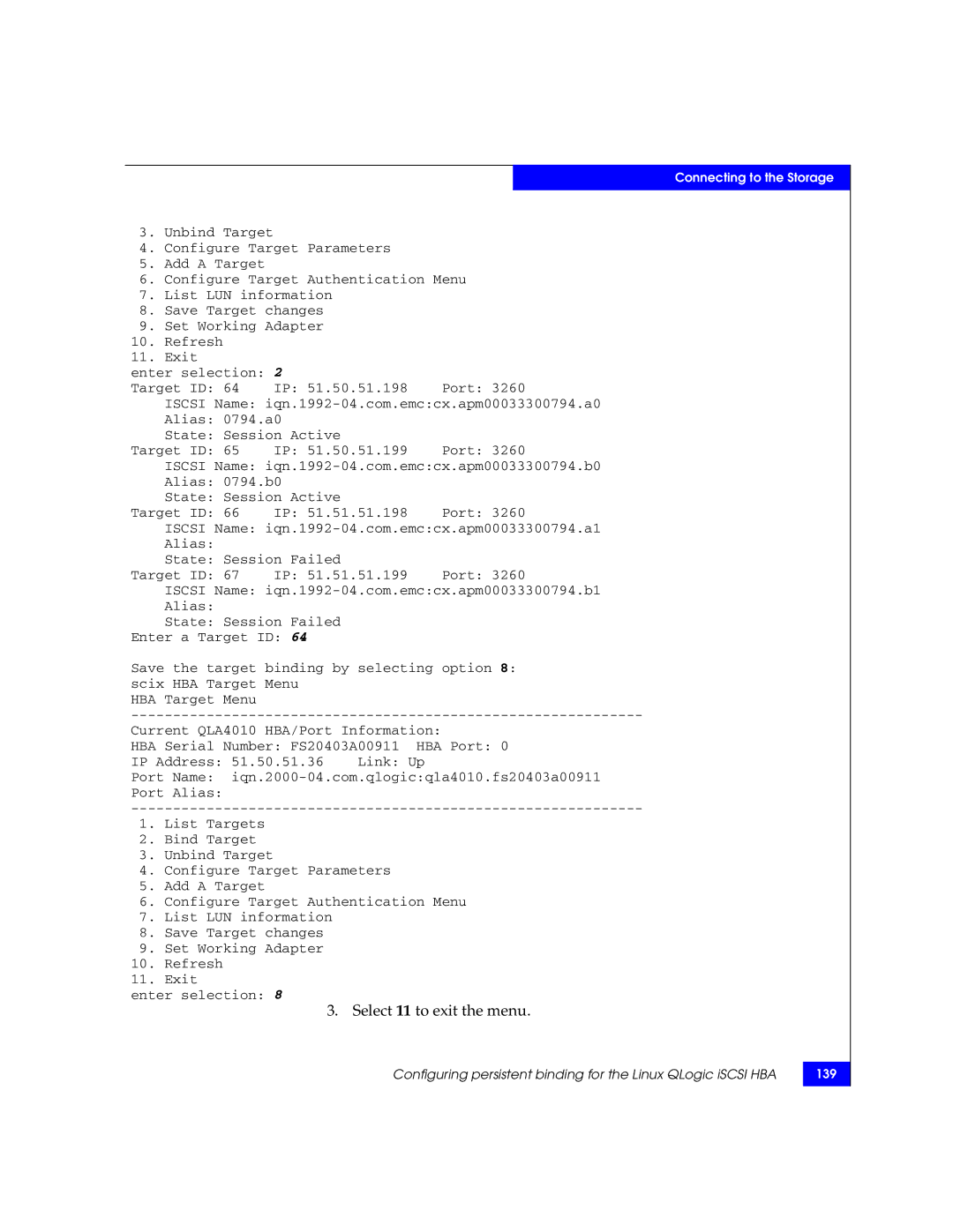 EMC P/N 300-002-803 manual Select 11 to exit the menu 