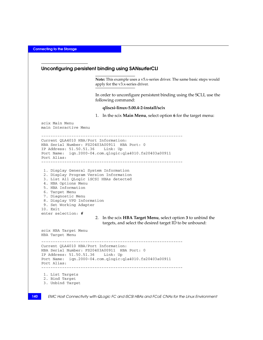 EMC P/N 300-002-803 manual Unconfiguring persistent binding using SANsurferCLI 