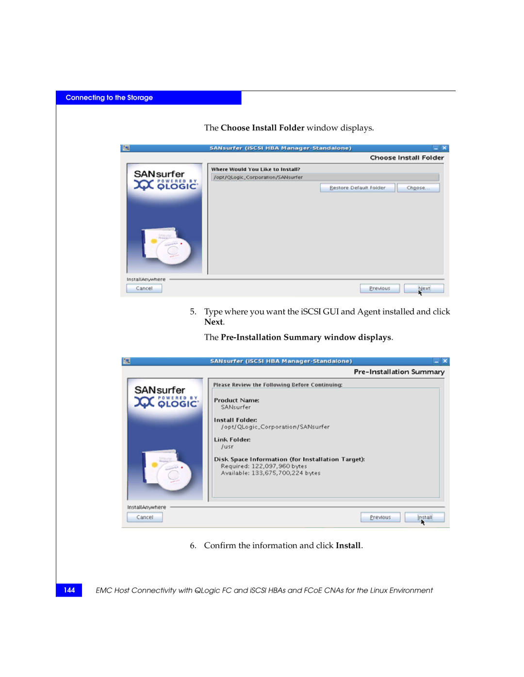 EMC P/N 300-002-803 manual Choose Install Folder window displays, Pre-Installation Summary window displays 