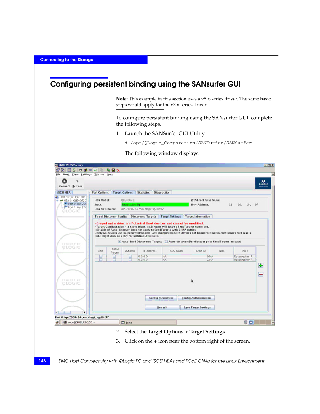 EMC P/N 300-002-803 manual Configuring persistent binding using the SANsurfer GUI, Following window displays 